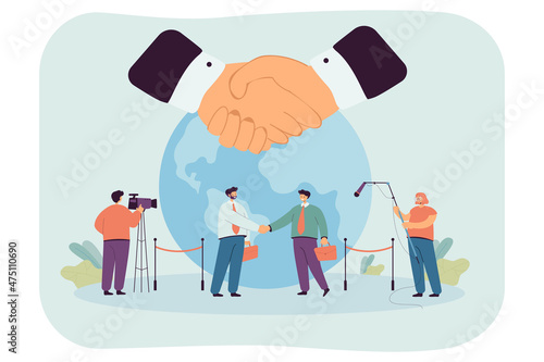 Tiny representatives of foreign embassies shaking hands with planet in background. International meeting and conflict crisis discussion flat vector illustration. Democracy and diplomacy concept photo
