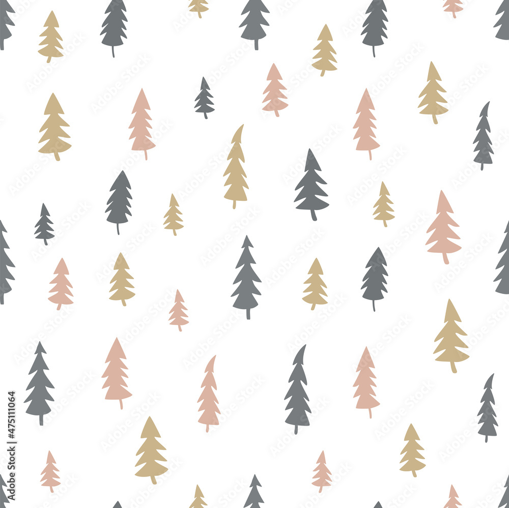 Seamless vector pattern with pastel trees. Print with forest in the colors of nature. Christmas pattern with fir trees. Vector illustartion.