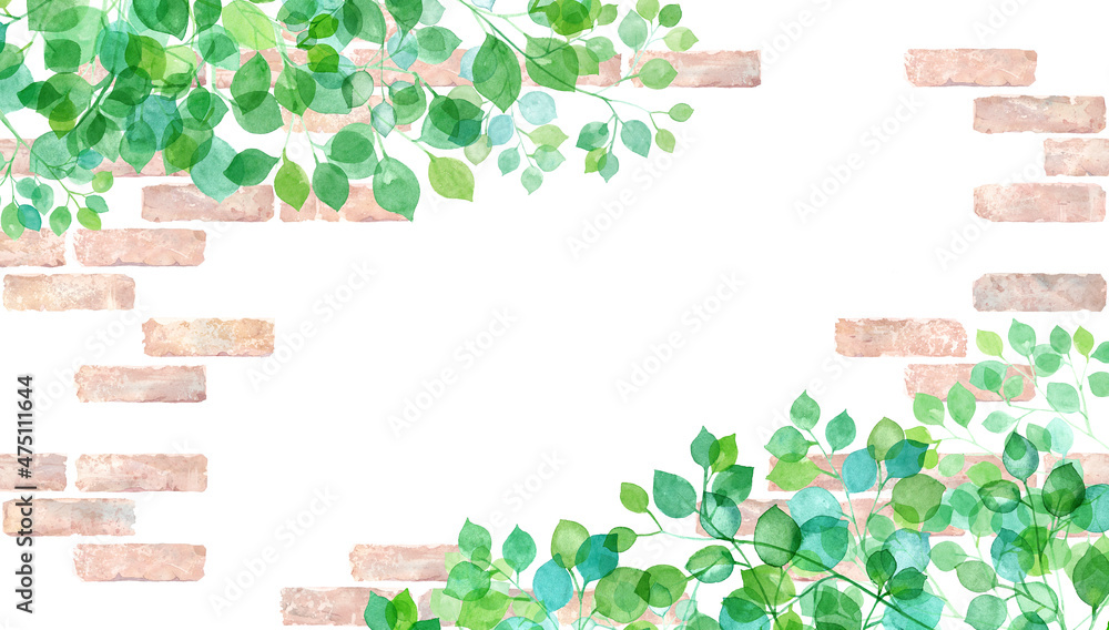 ナチュラルなレンガの壁を背景にした新緑の水彩イラスト 春のボタニカル装飾フレーム 背景 壁紙 Stock イラスト Adobe Stock