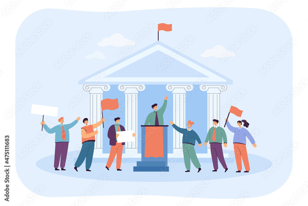 Male speaker giving political speech with government building in background. Minister of politics and parliament voting flat vector illustration. Freedom, public relations, democracy, election concept