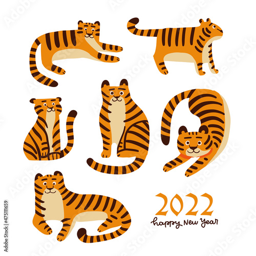 Fototapeta Naklejka Na Ścianę i Meble -  Cartoon tiger set. Cute animal character in different poses. Flat vector illustration for cute prints, clothing, packaging, stickers. Symbol of 2022 new year,