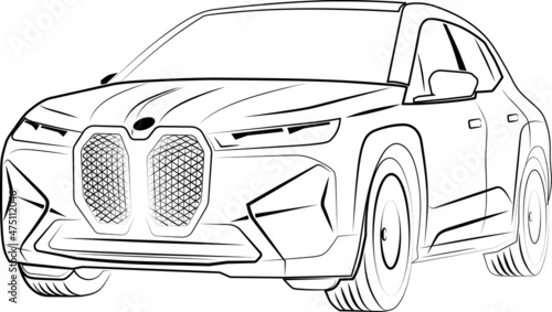 Vector car line art drawing silhouette. New electric car of the European brand. Premium styling, comfort and driving pleasure. Chief on the road. A minimalist hand-drawn sketch.