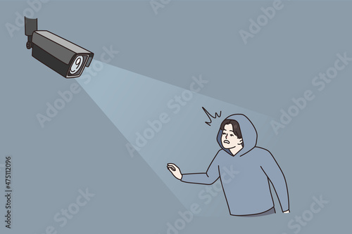 Digital camera catch criminal in light. CCTV modern cam detect monitor thief or burglar. Smart house automatic technology. House safety and security concept. Flat vector illustration. 