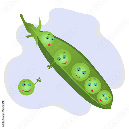 Funny cute cartoon peas in a pod drawing illustration. Green and smiling.  Healthy food vector concept. Vegetable funky character. Vegan food. 

