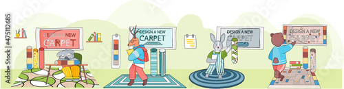 Design a new carpet. Cartoon character in childrens room with different rugs scenes set. Concept of choosing new carpet. Animal equips apartment, decorates, selects design for room and flooring