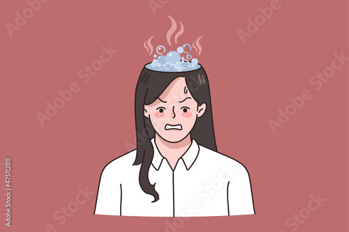 Stressed angry businesswoman with burning head brain overwhelmed with work schedule or deadline. Unhappy woman have mental breakdown or burnout. Psychological trauma. Vector illustration. 