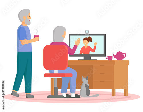 Elderly couple using laptop computer at home for talking with children, Senior people using digital gadget online technology for video communication with friends. Online conversation, internet surfing