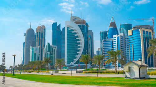 Canvas Print Doha city with many landmark towers , view from the corniche area