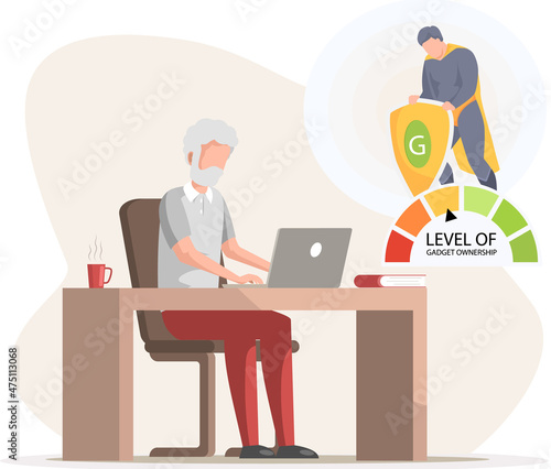 Old man sitting with computer at workplace. Freelancer grandfather working online with laptop. Senior person dealing with technology, using modern gadget. Decreasing level of gadget ownership