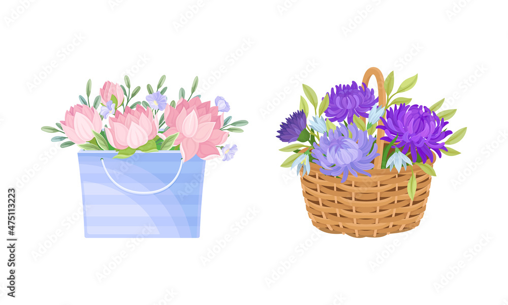 Bouquets of beautiful flowers in box and basket set vector illustration