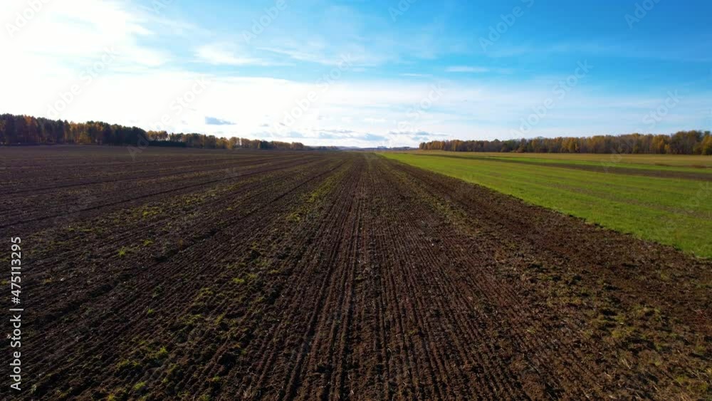 Plowed field after harvest, Top view. Sowing seeds on a plantation near the farm. Farm and agricultural concept. Agriculture and horticulture. Young plants and crops began to grow from the soil. Plowed field after harvest, Top view. Sowing seeds on a plantation near the farm. Farm and agricultural concept. Agriculture and horticulture. Young plants and crops began to grow from the soil.