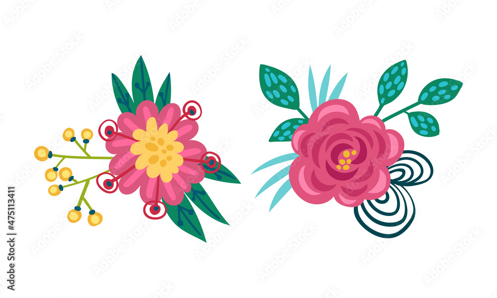 Fantasy pink flowers with leaves set. Floral natural decoraion vector illustration Fantasy pink flowers with leaves set. Floral natural decoraion vector illustration