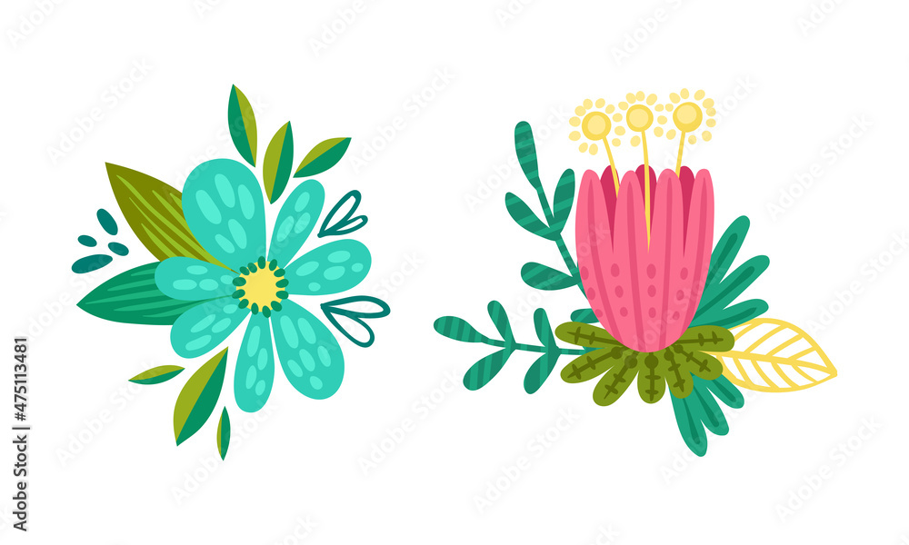 Fantasy blue and pink flowers set. Floral natural decoraion vector illustration