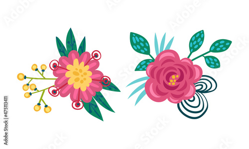 Fantasy pink flowers with leaves set. Floral natural decoraion vector illustration