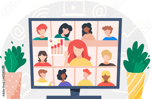 Video conferencing on large computer screen, teamwork, many people conference at same time remotely. Girl communicates with colleagues via video. Online meeting, business meetup, digital classroom