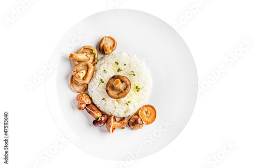 rice mushrooms risotto healthy meal food diet snack on the table copy space food background rustic vegan or vegetarian food no meat