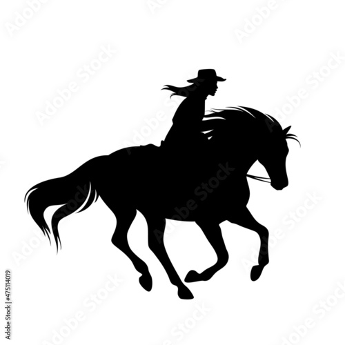cowgirl riding galloping horse - running stallion and woman wearing cowboy hat black and white vector silhouette design