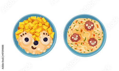Creative childish dishes serving on plates set. Tasty food for dinner vector illustration