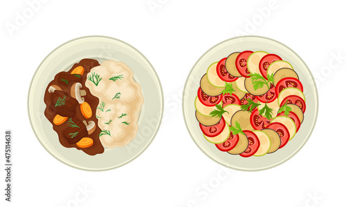 Top view of French cuisine traditional delicious dishes on plates set. Ratatouille and Boeuf Bourguignon vector illustration