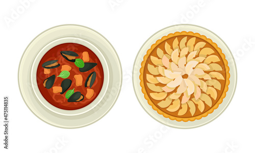 French cuisine traditional delicious food set. Bouillabaisse and Taten apple pie vector illustration
