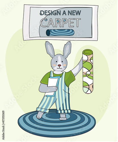 Design a new carpet. Cartoon character rabbit stands holds rolled rug in his hand in childrens room. Concept of choosing new carpet. Animal equips apartment, selects design for apartment and flooring