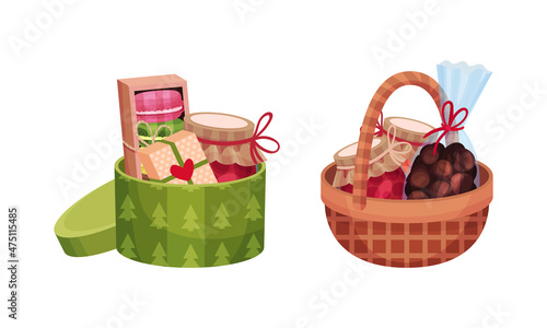 Christmas gift baskets set. Packages with tasty sweets vector illustration