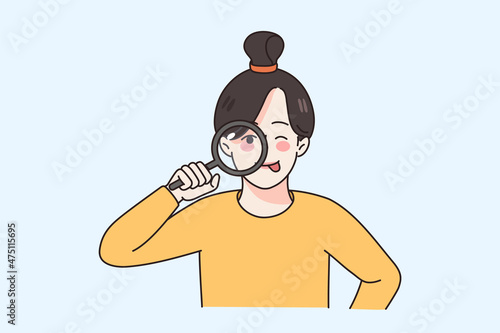 Curious small girl child look through magnifying glass search for information or data. Smiling kid use magnifier feel interesting. Scientific research, safe internet browsing. Vector illustration. 
