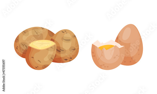 Potato and fresh eggs. Organic natural products vector illustration