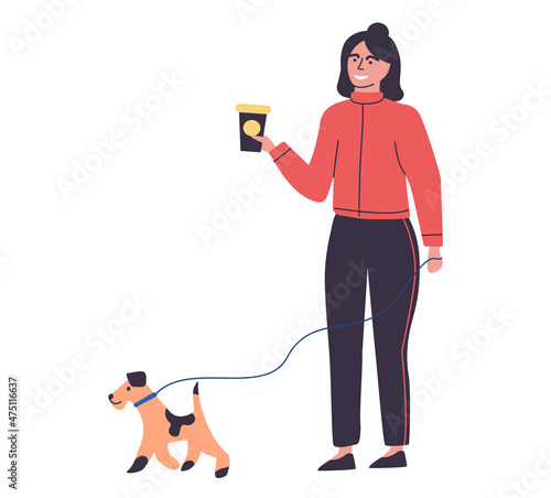 Happy young woman walking with dog and cup of coffee. Female character drinking hot drink outdoor on walk. Girl relaxing with her pet, communicates on street with friend isolated on white background