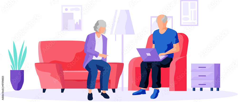 Elderly couple try to use gadget and surf internet. Old man and woman learns new technologies. Character looking for information and typing on computer. Grandfather spend time on social media