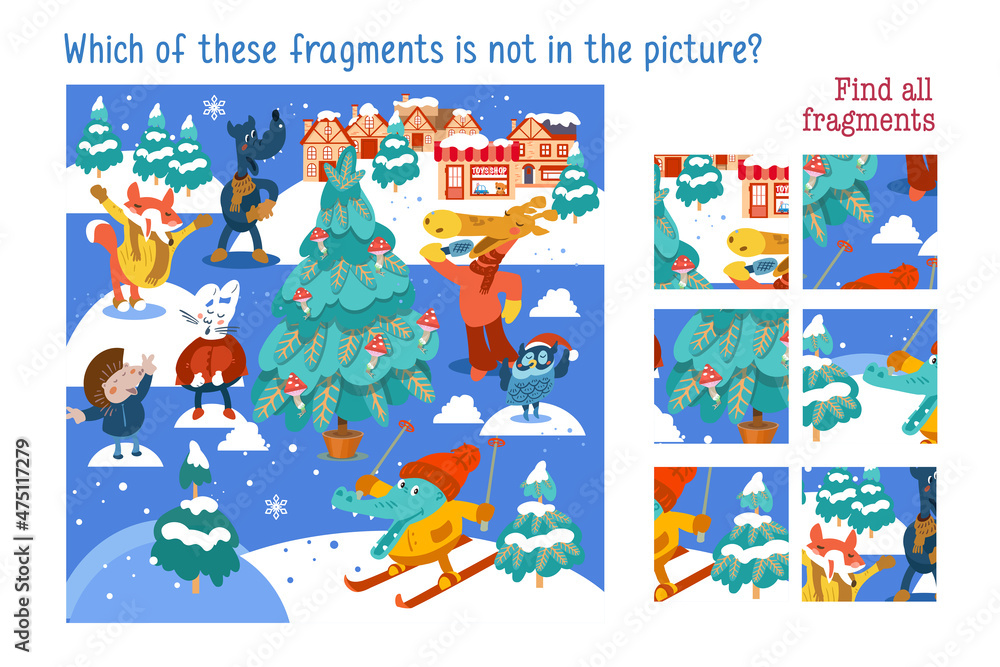 Fototapeta premium Which of these fragments is not in the picture. Find all fragments. Christmas forest with cute animals characters and buildings. Child Game. Activities, vector illustration.