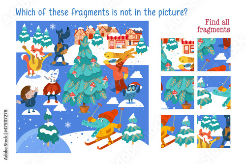 Which of these fragments is not in the picture. Find all fragments. Christmas forest with cute animals characters and buildings. Child Game. Activities, vector illustration.