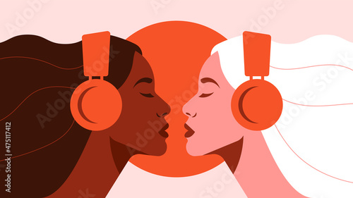 Two women in headphones. Concept of podcast, audiobook, radio, meditation. Abstract female faces, silhouette, side view. Contemporary vector illustration for poster, banner, cover.