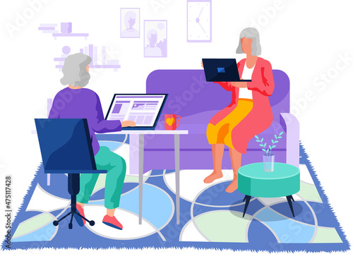 Old people with computer, elderly woman working with technology and modern gadget tablet pc. Senior citizens, retired grandparents, old-age pensioners. Grandmother teaching friend how to use laptop