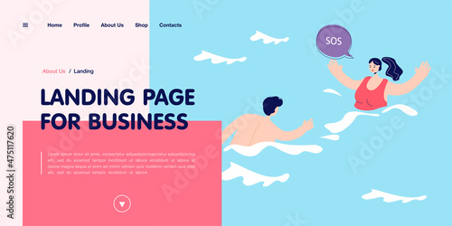 Lifeguard swimming towards drowning woman. Female character calling for help in sea or ocean flat vector illustration. Accident, emergency concept for banner, website design or landing web page