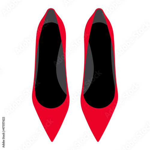 Red high heels. Pair of red pumps top view. Female evening shoes, high stiletto heels on white background. Modern vector object for poster, banner, card.