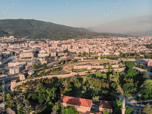View from the drone to the Skopje Fortress. Kale Fortress, a complex of defensive structures and an archaeological site located in the center of Skopje, on a hill in the Vardara Valley.