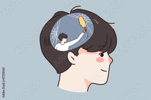 Man cleaning in head take away spider web. Concept of psychotherapy and counseling. Psychologist or psychotherapist help person with depression or mental disorder. Flat vector illustration. 