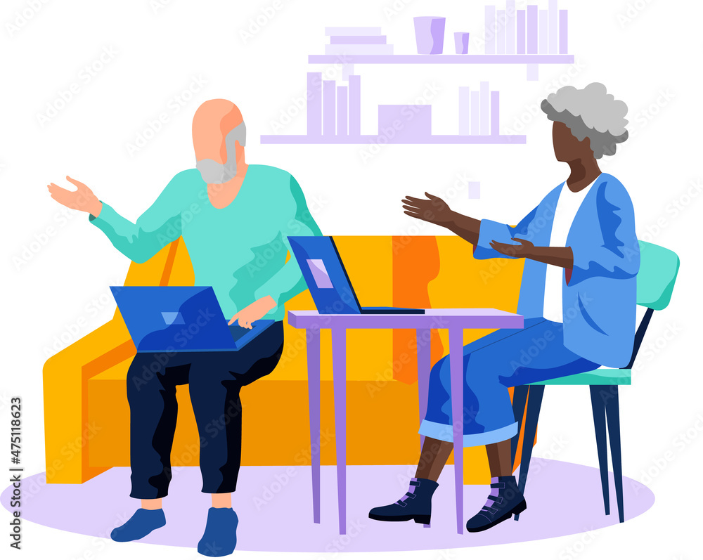 Grandmother is teaching grandfather how to use tablet pc. Pensioners and new technology. Senior people using smart devices. Concept of remote work from home, distance learning for retired people
