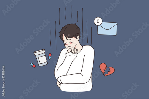 Unhappy young man feel distressed suffer from depression or anxiety, have medication antidepressants. Sad, lonely guy stressed with solitude and loneliness. Mental problem. Flat vector illustration. 