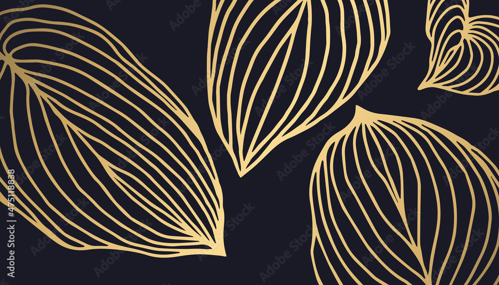 Golden leaves line art on dark blue background. Luxury background Golden leaves line art on dark blue background. Luxury background