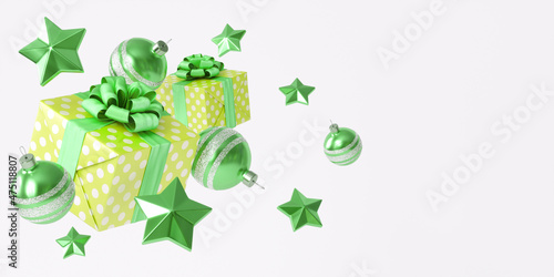 A beautiful Christmas composition with Christmas tree decorations and a gift box with a bow on a white background. 3D illustration in green and yellow colors, with a blank space to insert text.