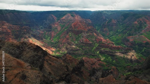 Cinematic aerial shot over Wiamea canyon on Kauai Island in Hawaii. photo