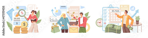 Budget planning business concept set in flat style. Making financial plan for earning analysis. Investment and banking. Personal finance budgeting, accounting, money calculation, monthly expenses