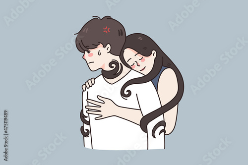 Young woman hug man tied to boyfriend in relationship. Girl embrace guy in codependent unhealthy couple relations. Psychology problem, codependency concept. Flat vector illustration. 