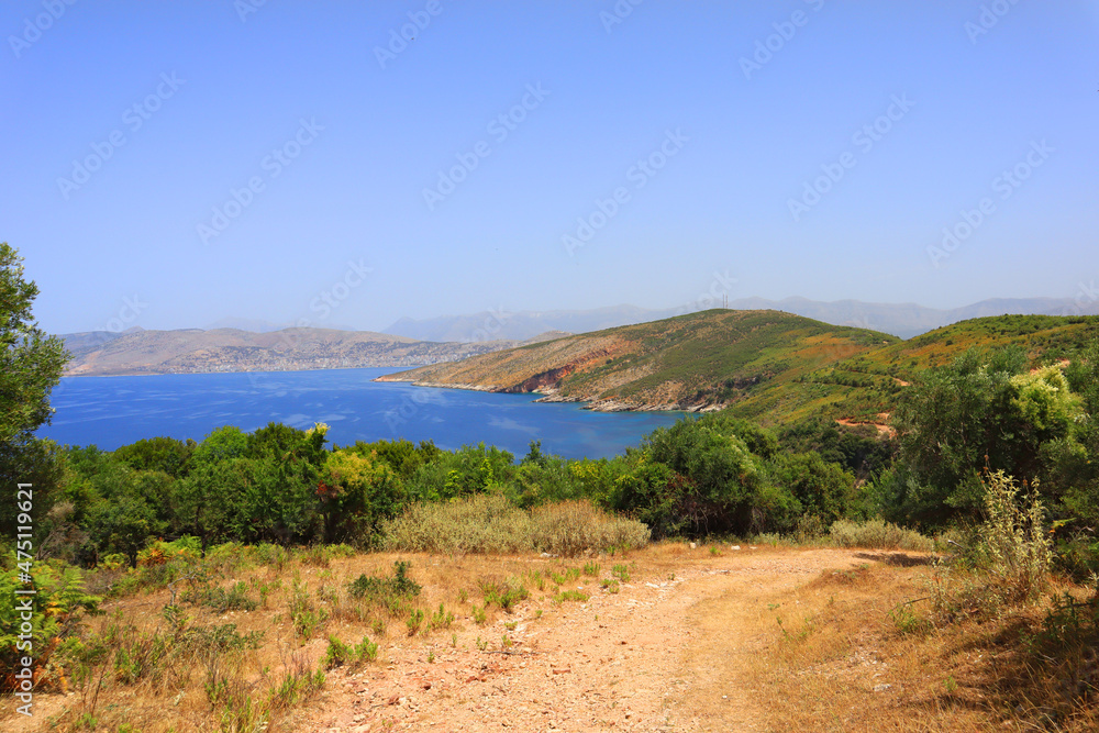 Landscape with azure water of the Ionian Sea in Ksamil, Albania	
