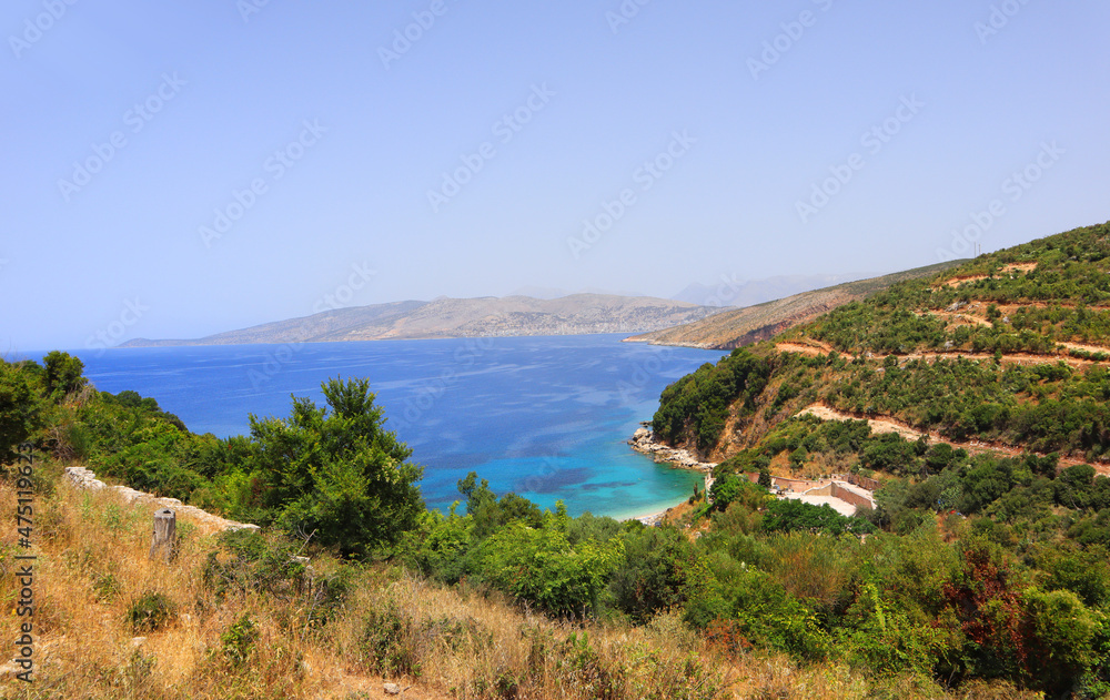 Landscape with azure water of the Ionian Sea in Ksamil, Albania	
