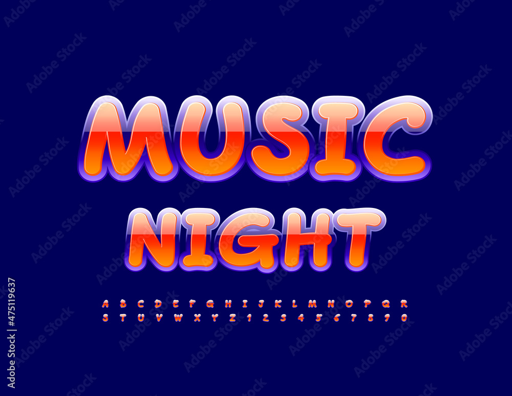 Vector bright flyer Music Night. Handwritten Alphabet Letters and Numbers set. Shiny stylish Font Vector bright flyer Music Night. Handwritten Alphabet Letters and Numbers set. Shiny stylish Font
