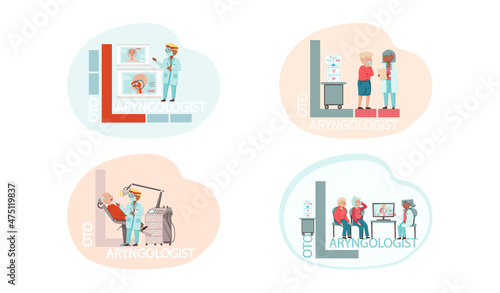 Otolaryngologist doctor with nose, ear and throat or ENT diagnostic and treatment instruments. Otology doctor with patient. Otorhinolaryngology healthcare medicine or otolaryngology diseases