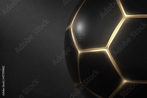 A dark banner with a black soccer ball with glowing gold seams. The concept of the Olympic sport is football. 3D Render